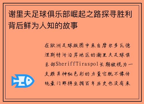 谢里夫足球俱乐部崛起之路探寻胜利背后鲜为人知的故事